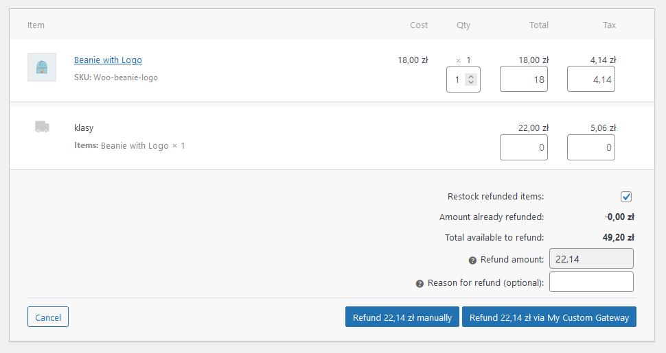 refund form in custom woocommerce payment gateway plugin