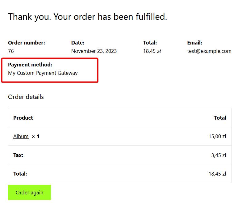 screenshot of an order with custom payment method